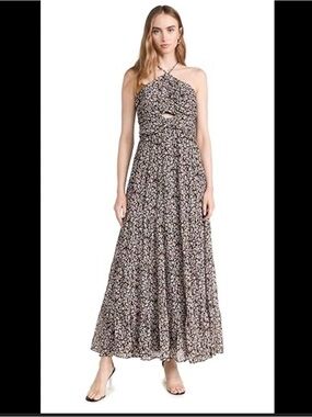 NWT ASTR the Label Madeline Halter Maxi Dress in Black Brown Abstract
